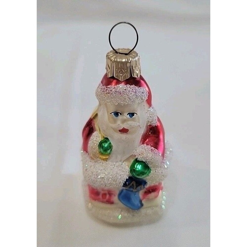 Vintage Hand Blown and Painted Glass Mica Mini Santa Christmas Ornament 2.5” - Picture 2 of 10